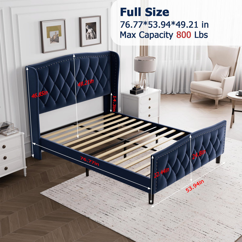 Structure de lit double, lit plateforme tapissier en velours avec tête de lit à oreilles, support à lattes en bois, Bleu