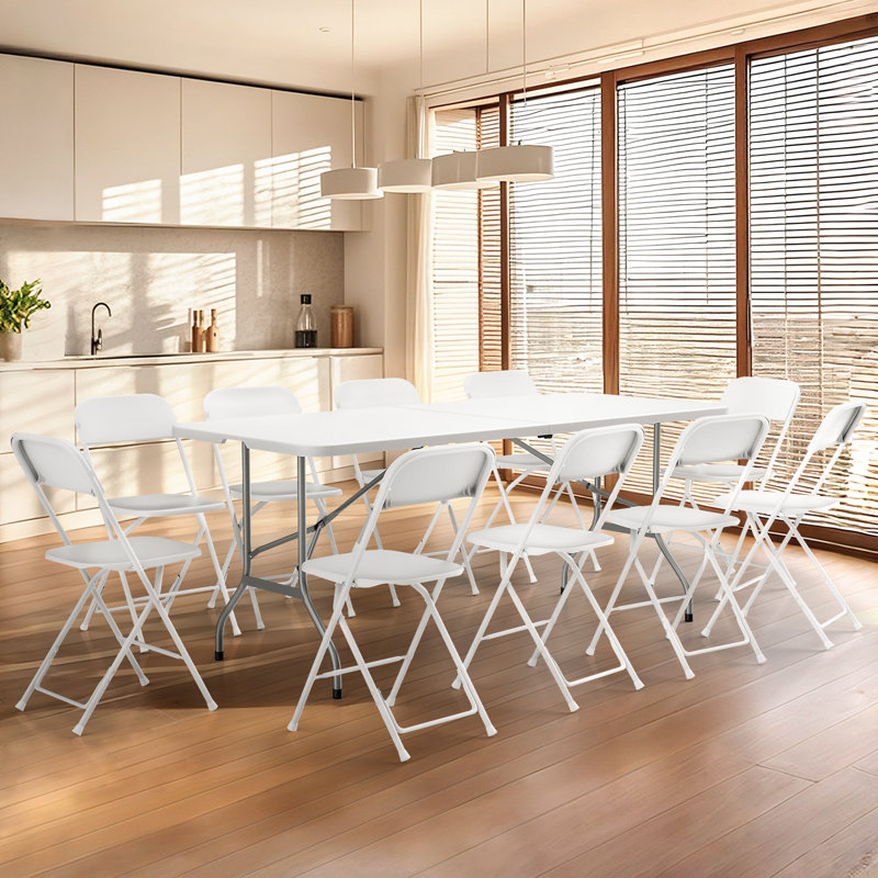Rectangular Bi-Fold Dining Table with 10 Folding Chairs Set for Picnic Event Indoor and Outdoor Use, 30" D x 72" W x 29.5" H