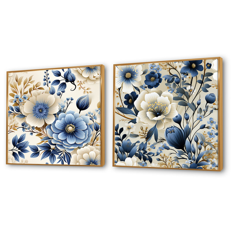 Chatsworth - Ensemble de 2 collages carrés floraux, H 16 po x l 33 po, Cadre flottant doré