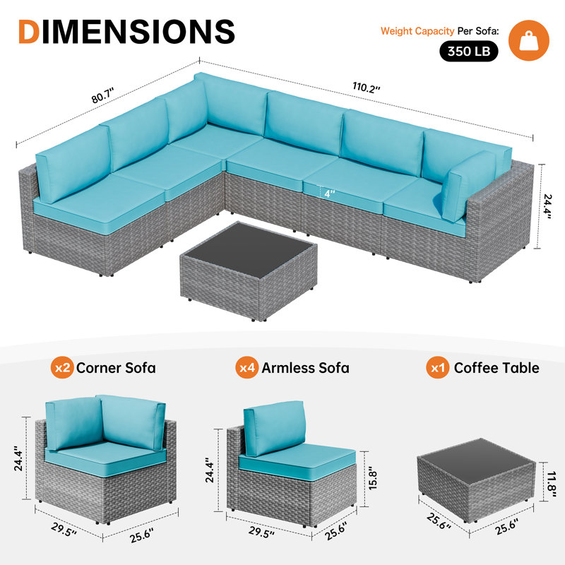 Ensemble de conversation d'extérieur en rotin pour 6 personnes avec coussins, Bleu, Argent