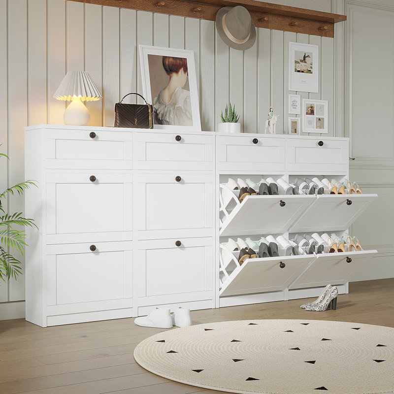 24 pairs shoe storage cabinet with 4 doors and 2 drawers, shoe cabinet with adjustable shelves for  entryway, White