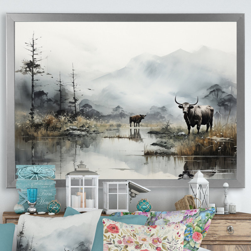 «Asian Art Cow Sumi» - reproduction d'art, Cadre photo argenté, H 12 po x l 20 po x P 1 po