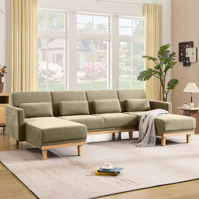 113.4" W U-Shaped Chenille Sectional Sofa With 2 Chaises, 3-Level Adjustable Backrest & Solid Wood, Khaki Chenille