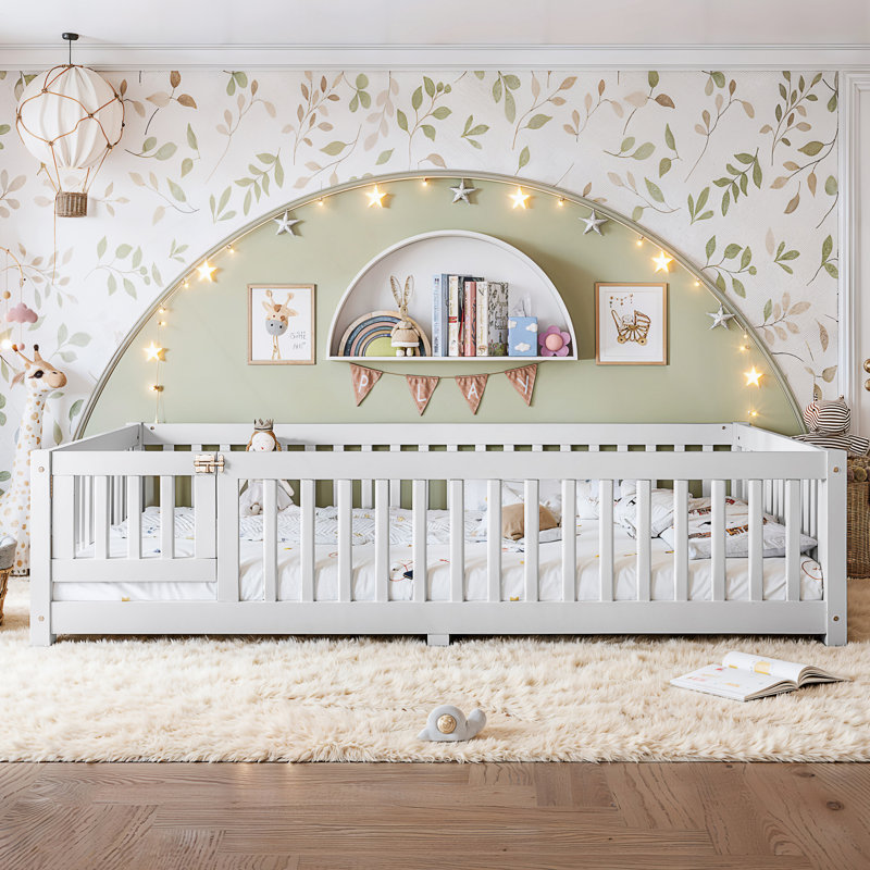 Lit grand format avec garde-corps et porte pour enfants, White, Queen