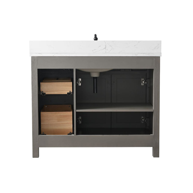 Ensemble de meuble-lavabo simple 42 po Ajiya, Gris texturé / noir mat, Blanc de Carrare