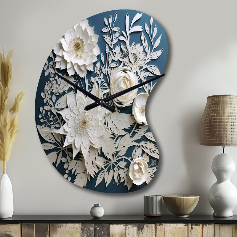 Horloge murale bouquet de fleurs blanches et bleues - Elegance, Grand
