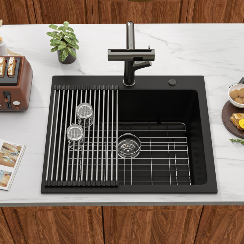Quartz 25" x 22" Drop-in Quartz Kitchen Sink Single Bowl Kitchen Sink Granite Composite Kitchen Sink, Black