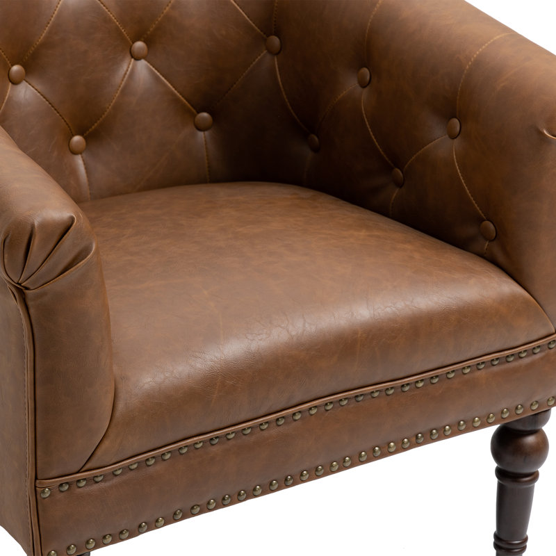 Edvardas Upholstered Brown Faux Leather Tufted Barrel Club Chair with Nailhead Trim, Brown Faux Leather