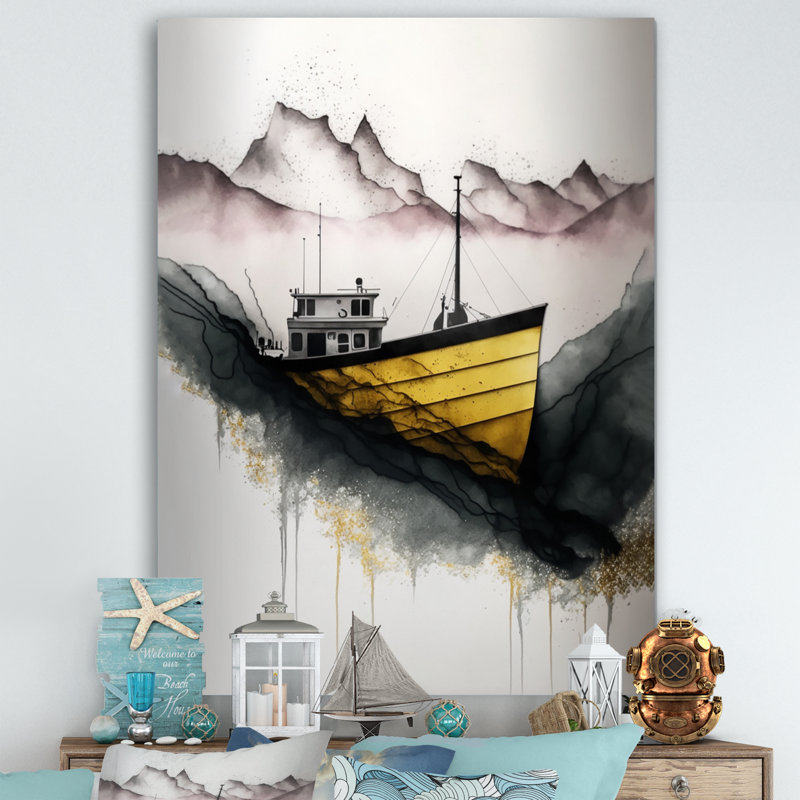 Bateau de pêche noir et jaune, H 20 po x l 12 po x P 1 po, Toile tendue