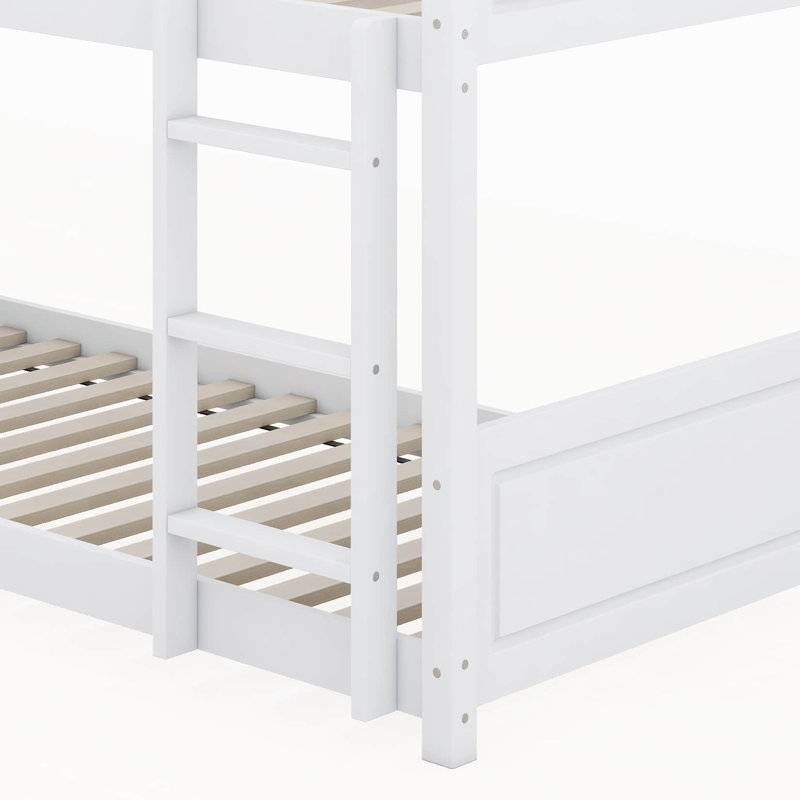 Twin Over Twin House Floor Bunk Bed With Headboards, Footboards And Guardrails, Ladder, White