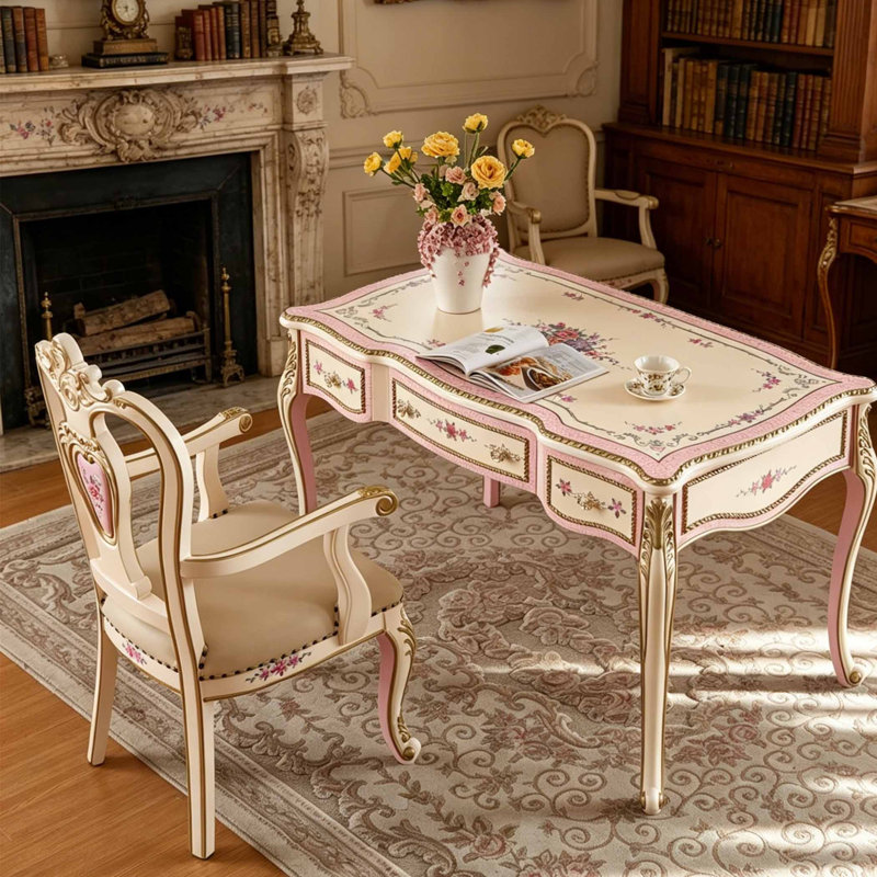 Bureau peint de style européen exquis, H 30,71 po x l 62,99 po x P 29,53 po