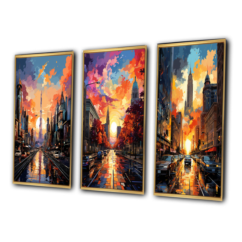 «City Detroit Popart III», 3 pièces, Encadrement doré, H 32 po x l 48 po