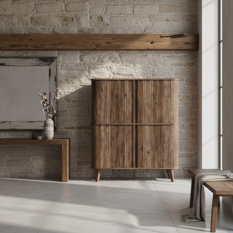 Aurel Mid-Century 24-Pair Shoe Cabinet with Fluted Sliding Doors, Dark Brown Wood