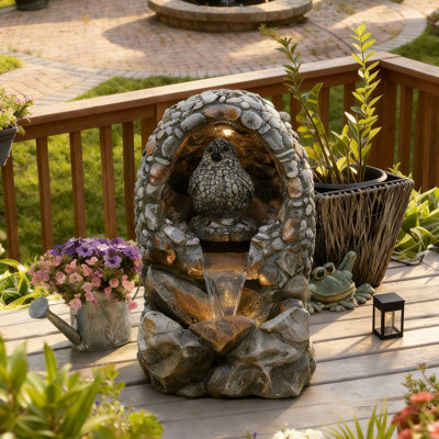 37.9"h Outdoor Water Fountain, Resin Garden Water Feature With Led Lights Effect
