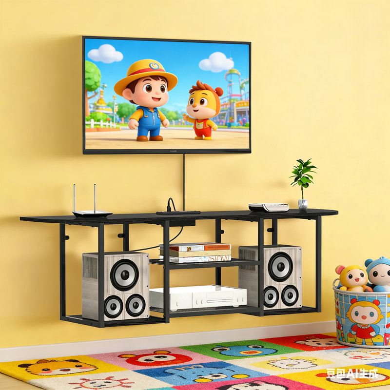 Meuble télé 47,2 po avec prise de courant flottante, console média en métal noir et grain de bois pour rangement sous la télé