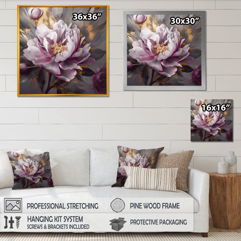Pivoines roses et grises en fleurs - impression, H 36 po x l 36 po x P 1,5 po, Cadre flottant doré
