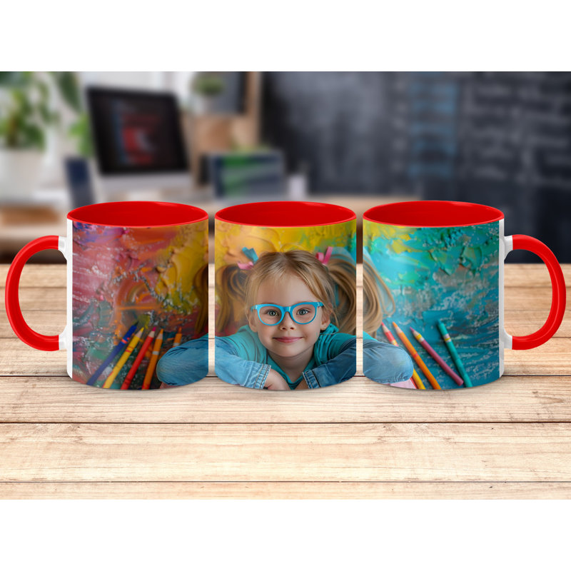 Kids Drawing Style 11oz Accent Mugs – Ceramic Coffee Cup with a Red Handle and Interior