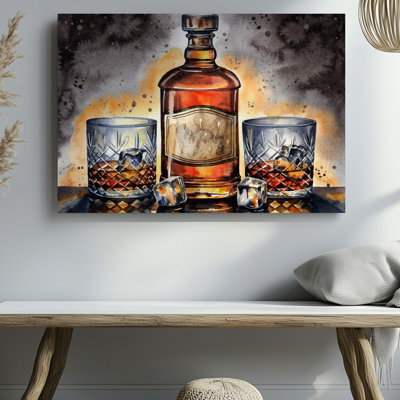Canvas In A Beautifully Rendered Watercolor Scene A Bottle Of Whiskey Wall Art With A Textured Label Stands Prominently At The Center Canvas Wall Art