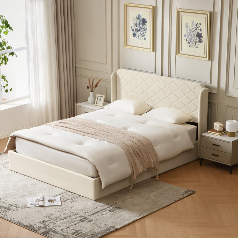 Lit plateforme tapissier avec rangement Gaillarde, Blanc cassé, Très grand