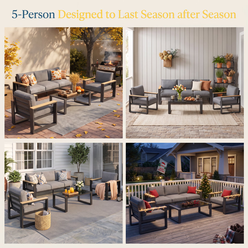 Aluminum Patio Furniture Sets with Oversized Seating, Outdoor Furniture Set for All Weather, Outdoor Conversation Sets with Wood Armrest for Skin-friendly Touch