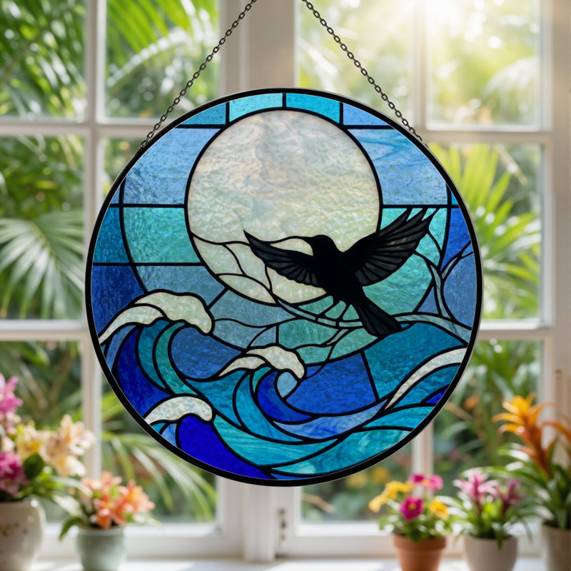 7.8"H Moon Bird Stained Glass Window Panel, 7.8" H x 7.8" W