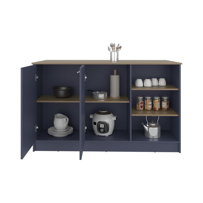 Îlot de cuisine Ginger, trois tablettes ouvertes, deux portes d'armoires avec option de rangement intérieur, îlot sur pied, organisateur de cuisine et décoration