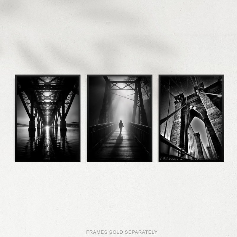 Black White Bridges Atmospheric Photographs Different Angles - 3 Piece No Frame Print Set, 40.5cm H x 30.5cm W x 0.3cm D