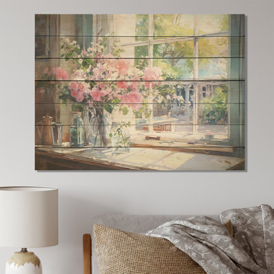 Delicate Vintage Flower French Windows View II - Floral Window On Wood Print