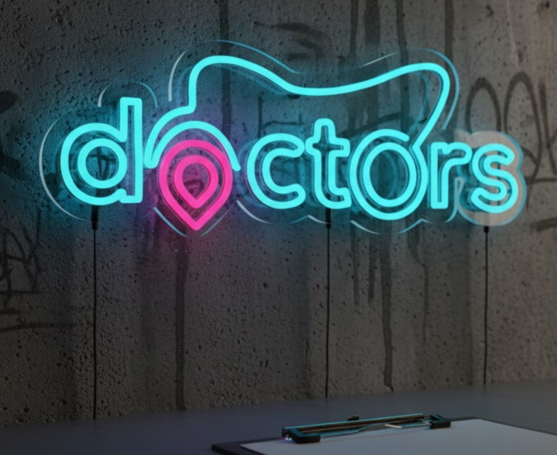  | Enseigne au néon de Doctors | Fabriqué avec un tube néon flexible incassable offrant un éclairage lumineux et uniforme pendant plus de 50 000 heures sans décoloration ni scintillement | 9 x 24 | Bleu clair et rouge