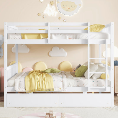 Full Over Full Rubber Wood Bed with 2 Drawers,Ladder and Safety Guardrails