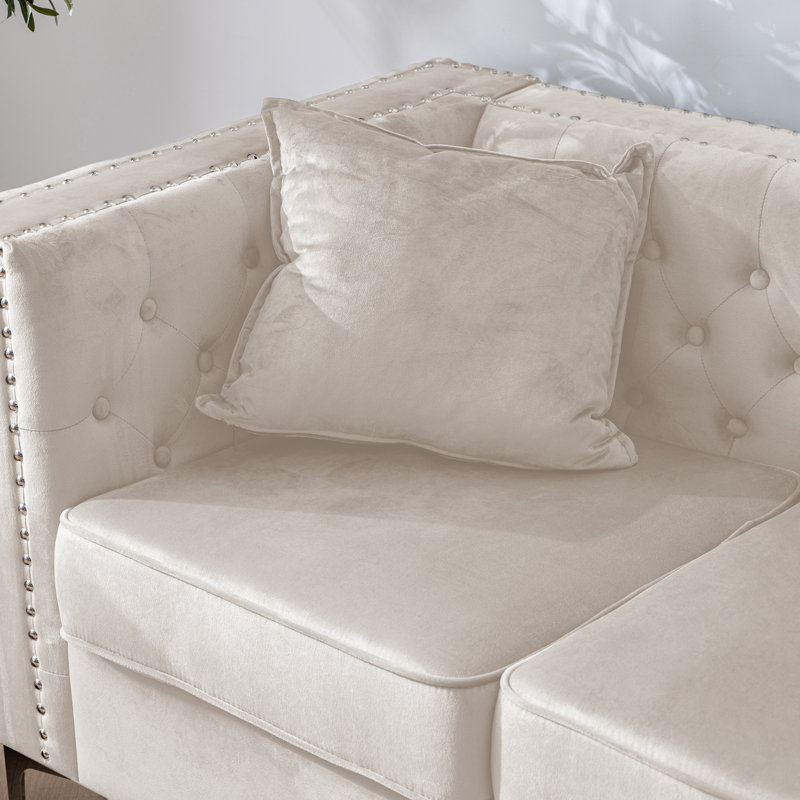 Ensemble de salon 2 pièces avec cadre en bois massif Chesterfield - Causeuse et canapé, Beige