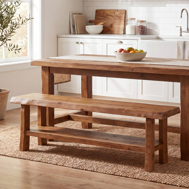 Banc de salle à manger en bois massif, banc de rangement à 2 niveaux avec tablette de rangement inférieure pour la cuisine, la salle à manger, finition en bois naturel