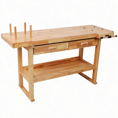 60" Professional Rubberwood Solid Wood Workbench-2 Drawers, Open Shelf Finish for Garage, Woodworking Carpenter Workshop & Home Use