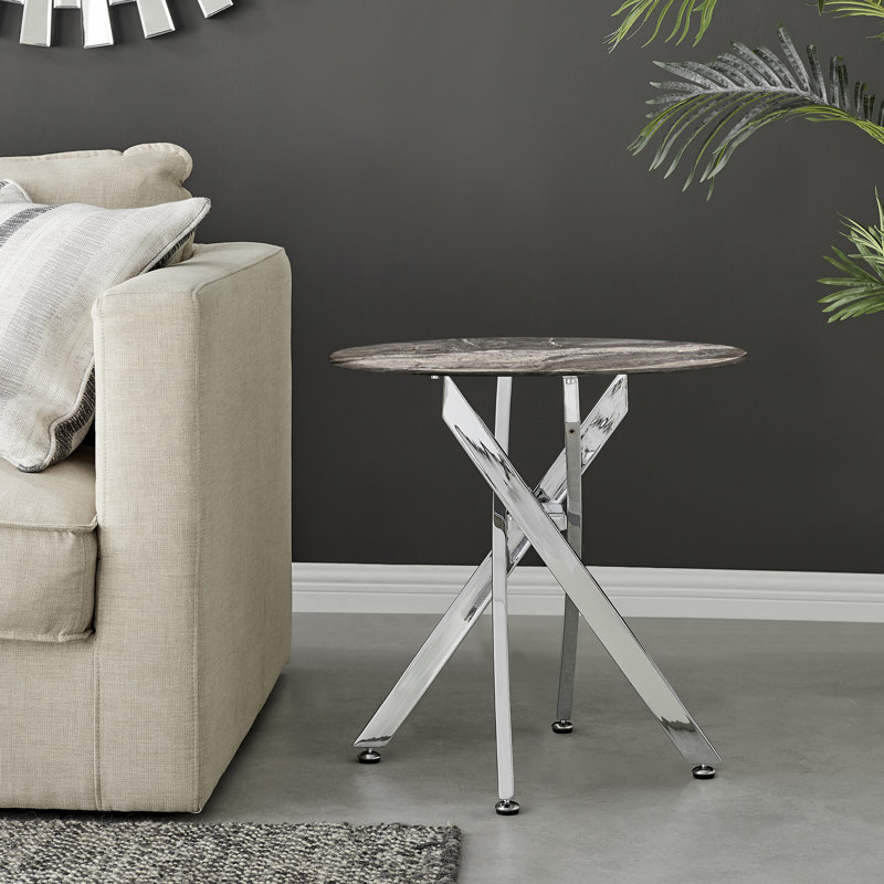 Cesarino Marble Effect Round Sofa Side Table - Glass Topped Metal Leg Small Table, Grey, Silver
