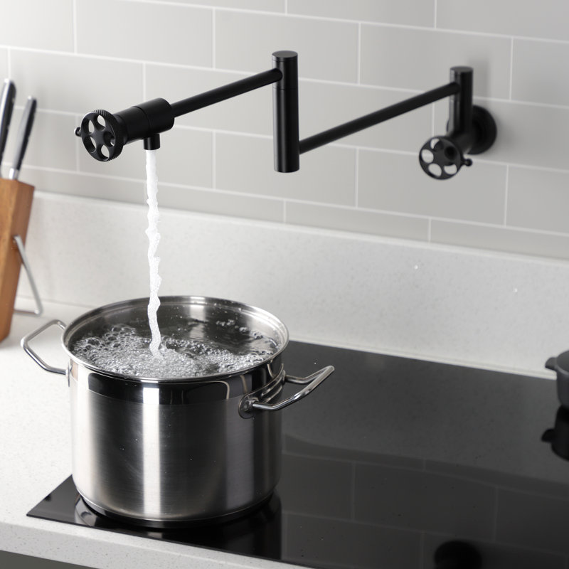 Kingston Brass Webb Two-Handle 1-Hole Wall Mount Pot Filler Faucet with Knurled Handle, Matte Black