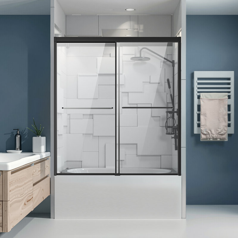 Bathtub Shower Door 50-60 in. W x 60 in. H Semi-Frameless Bypass Tub Door Black