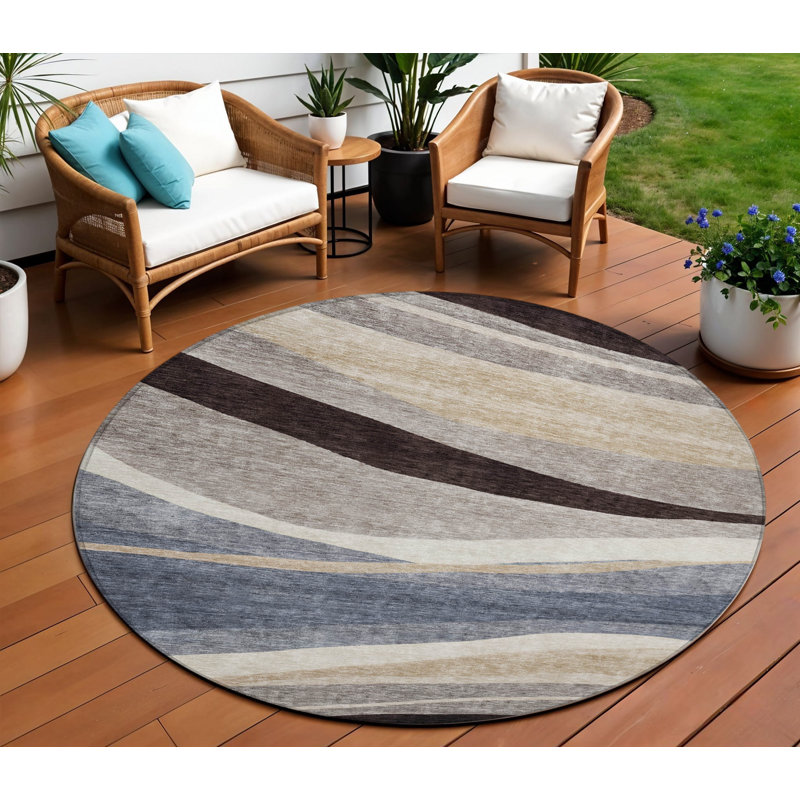 Tapis extérieur rond lavable abstrait 8 pi bleu brun et beige