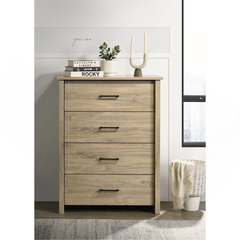 Commode 4 tiroirs avec poignées, Chêne clair