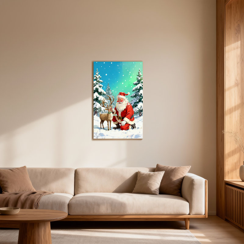 Noël père Noël avec renne dans la forêt enneigée, H 18 po x l 12 po