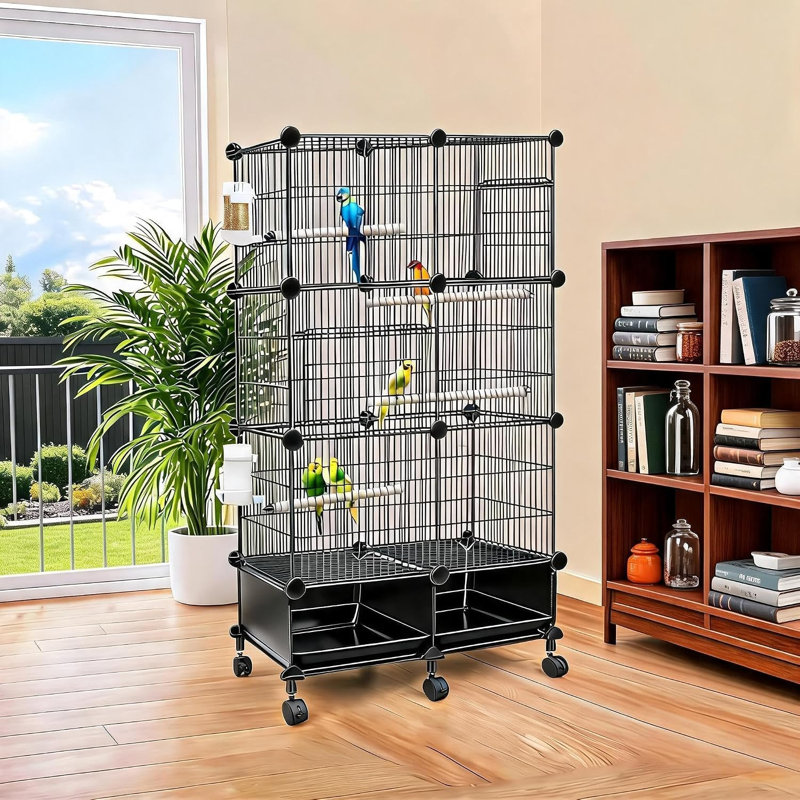 Grande cage à oiseaux avec biberons et perchoirs, 132 cm, noire, Black