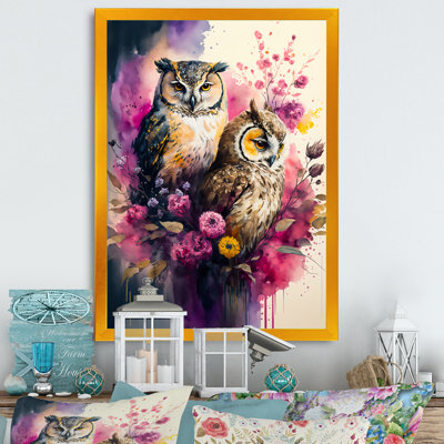 «Cute Owls Floral Art I», reproduction d'art sur toile