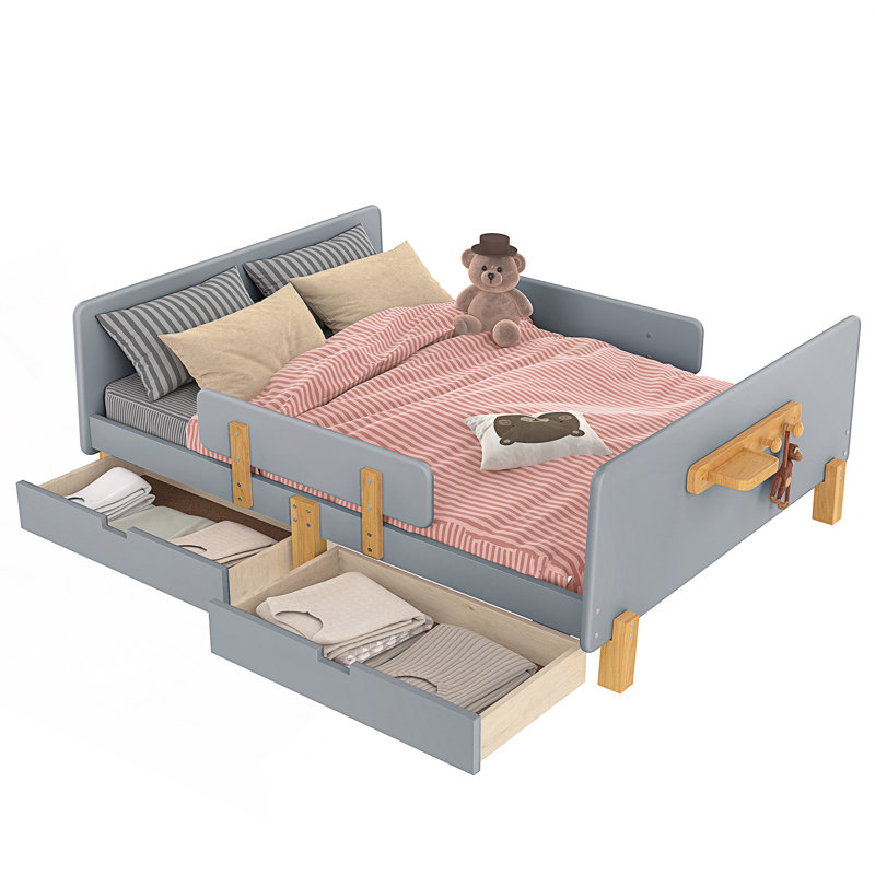 Lit plateforme double avec tiroirs de rangement, Double, Gris