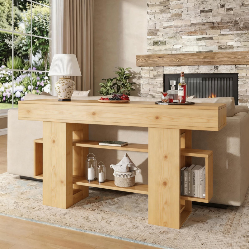 Console de style moderne en bois massif., 32.2" H x 86.6" W x 13.7" D, Natural Wood