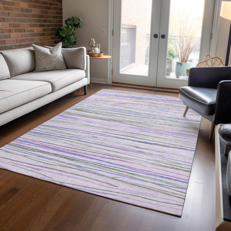 Lavender and Green Striped Synthetic Washable Rug, 2'6" x 3'10"