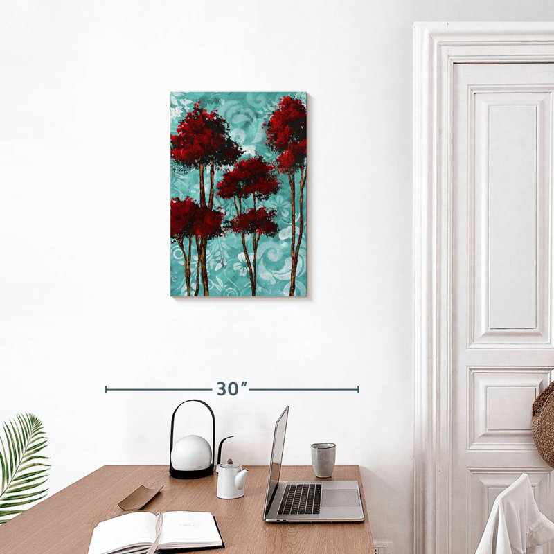 Harnek, fleurs turquoise et arbres rouges, H 24 po x l 16 po