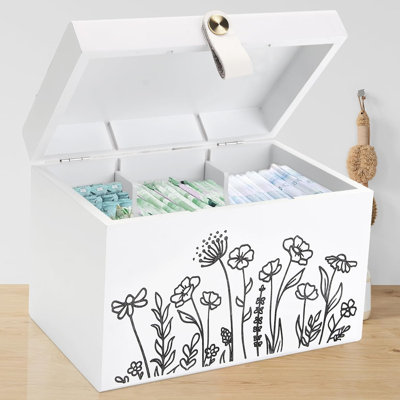 Boîte en bois pour porte-tampons avec couvercle, poignée en cuir cuivré, boîte décorative en bois véritable pour le rangement de produits féminins et accessoires tels que tampons, boules de coton, cadeaux 