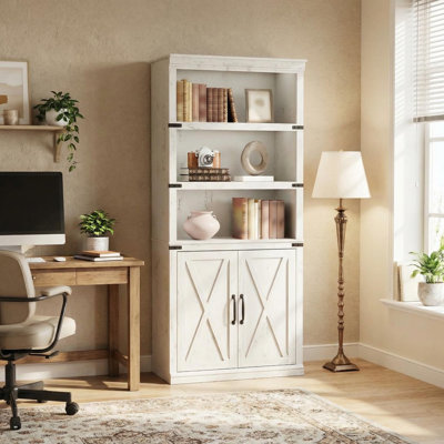 Bibliothèque à 5 niveaux avec armoire Duanna, bibliothèque de style campagnard avec portes de rangement, pour bureau à domicile, salon