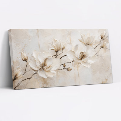 Fleurs de magnolia blanches sur fond beige texturé, tableau mural sur toile