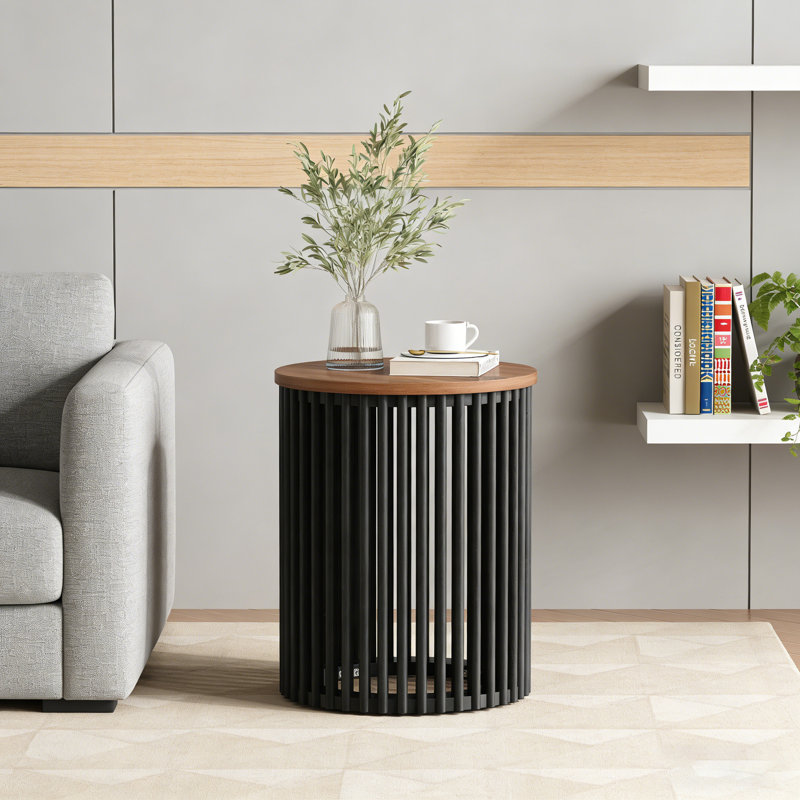 Table de bout ronde en bois d'acacia massif avec finition naturelle et noire 17,5 pouces pour le salon