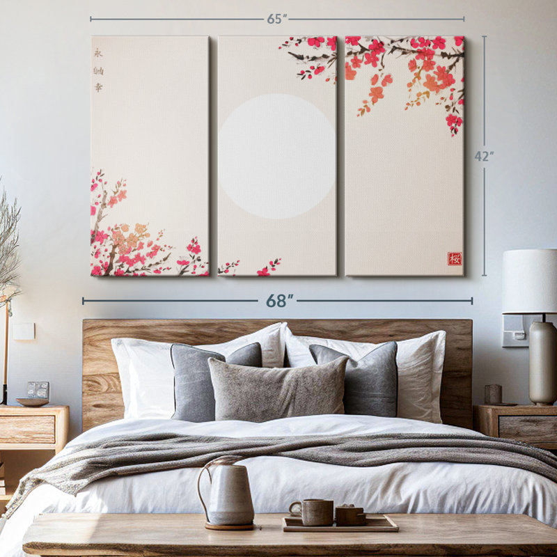 «Cherry Blossom Sunset», 3 pièces sur toile, H 42 po x l 65 po x P 1,25 po